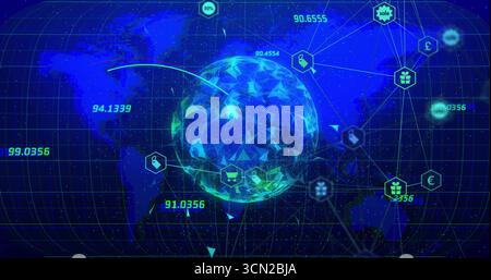 Rotating polygonal globe hovering above world map grid, with price tags and currency icons. Futuristic, digital, data-driven, holographic, global, ana Stock Photo