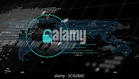 Displaying 3D world map in cyber interface featuring glowing cyan padlock, circular highlight. Futuristic, cyber, virtual, network, secure, digital, i Stock Photo
