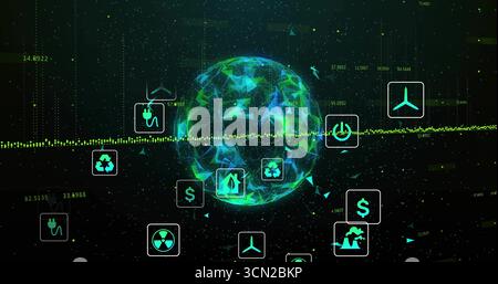 Rotating globe glowing in digital matrix, with floating eco energy icons and streaming data. Futuristic, technology, innovation, sustainability, data Stock Photo