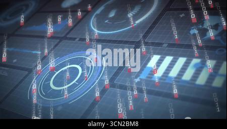 Displaying glowing circular gauge in grid panels, with cascading binary digits and bar chart panels. Futuristic, digital, interface, data visualizatio Stock Photo