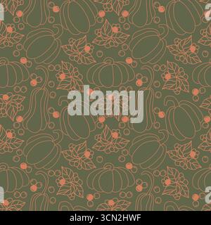 Pumpkins and berries with leaves seamless botanical doodle pattern vector illustration Stock Vector