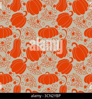 Pumpkins with leaves and berries autumn seamless doodle pattern vector illustration Stock Vector