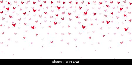 Background falling down hearts, red and pink decorative confetti with different fillings. Trendy vector single pattern with festive mood. The bottom p Stock Vector
