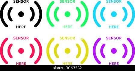 Vector illustration showing six colorful sensor icons with concentric wave patterns and the text “SENSOR HERE” in different colors. Stock Vector