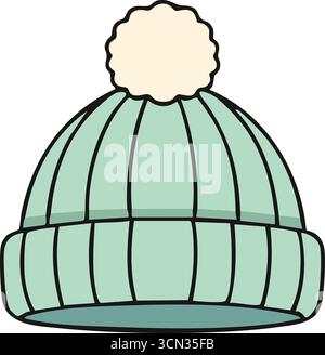 Rounded knit cap in pale green with segmented panels a fluffy pom on top and a thick folded brim. Stock Vector