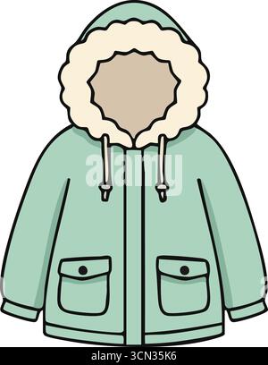 Warm hooded coat in soft green featuring a fluffy halo hood drawcords and two flap pockets. Stock Vector
