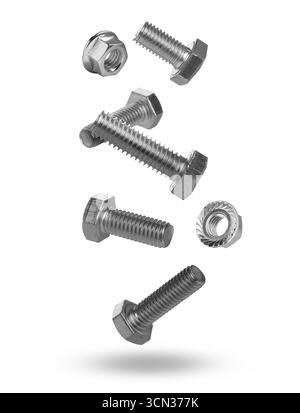 Metal nuts and bolts falling against white background Stock Photo