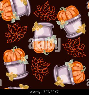 Pumpkin in a pot with leaves seamless pattern vector illustration Stock Vector