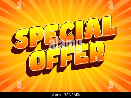 A vibrant graphic featuring bold, 3D text that reads SPECIAL OFFER against a bright orange sunburst background. Stock Vector