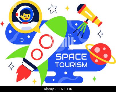 Space Tourism Illustration featuring Multinational Tourists Flying on a Rocket With Views of Outer Space Stations and Several Planets in a Background Stock Vector