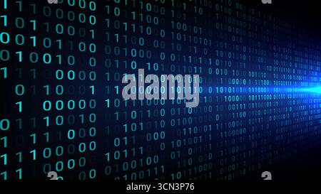 abstract digital artwork showing teal binary code flowing across a dark background with light on the right symbolizing data movement innovation and te Stock Vector