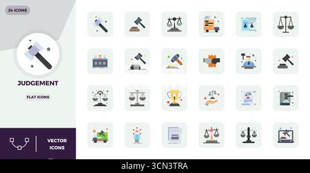Beautifully rendered 24 Flat PIXEL perfect vector icons for Judgement, created at 128x128 resolution for stunning visual consistency across platforms. Stock Vector