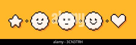 Pack with 8 bit Y2K pixel color elements. Emoji, heart and a star. Stock Vector