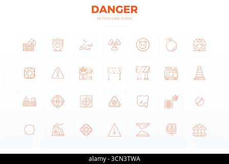 Carefully curated 28 Thin Line vector icons for Danger, featuring 128x128 PIXEL perfect resolution for consistent brand representation and user experi Stock Vector