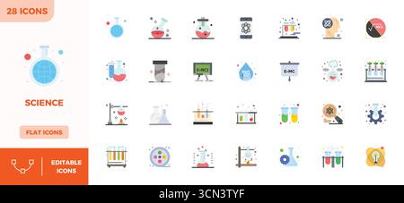 Vector pack with 28 Flat Colorful PIXEL perfect icons inspired by Science, delivered in 128x128 resolution ideal for scalable and creative design work Stock Vector
