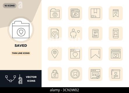 Enhance your projects with 16 Slim Line vector icons themed around Saved, featuring 128x128 PIXEL perfect resolution ideal for clean and professional Stock Vector