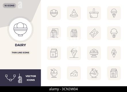 Discover a set of 16 Slim Line vector icons crafted for the Dairy theme, featuring 128x128 PIXEL perfect designs ideal for modern UI/UX projects. Stock Vector