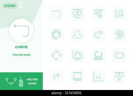 Handcrafted collection featuring 16 Slim Line vector icons for Curve, optimized in 128x128 PIXEL perfect resolution for premium digital experiences. Stock Vector