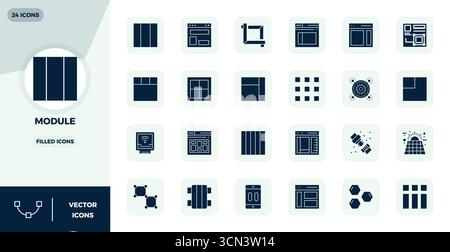 Collection of 24 Glyph Filled PIXEL perfect vector icons for Module, designed in 128x128 format for clarity and versatility. Stock Vector