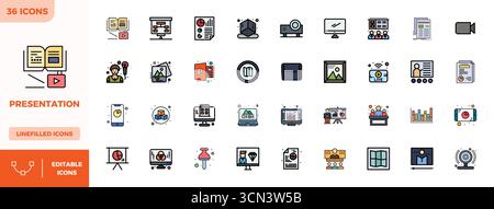 Explore 36 Lineal Color Filled PIXEL perfect vector icons in 128x128 resolution inspired by Presentation. Perfect for web and app interfaces. Stock Vector