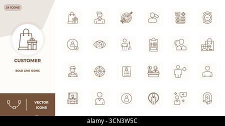 Innovative pack of 24 vector icons themed around Customer, showcasing Strong Line design in 128x128 PIXEL perfect format for modern digital solutions. Stock Vector