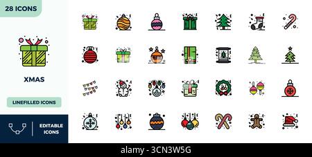 Unlock 28 Lineal Color Filled PIXEL perfect vector icons inspired by Xmas, optimized in 128x128 format for flawless display across all devices. Stock Vector
