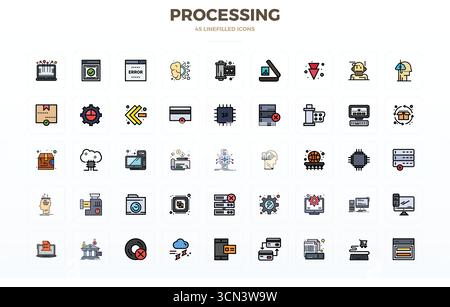 Industry-leading pack of 45 Flat Line Filled PIXEL perfect vector icons for Processing, sized at 128x128 for optimal rendering and user interface exce Stock Vector