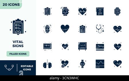 State-of-the-art bundle featuring 20 PIXEL perfect vector icons inspired by Vital Signs, created in Glyph Filled format at 128x128 for next-generation Stock Vector