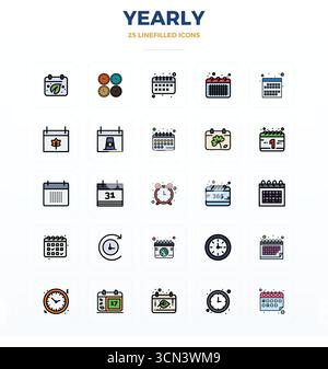 State-of-the-art bundle featuring 25 PIXEL perfect vector icons inspired by Yearly, created in Flat Line Filled format at 128x128 for next-generation Stock Vector
