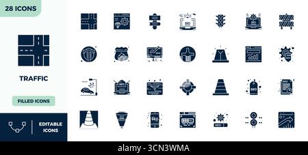 Ultimate collection of 28 vector icons representing Traffic in Glyph Filled aesthetic, optimized with 128x128 PIXEL perfect resolution for maximum imp Stock Vector