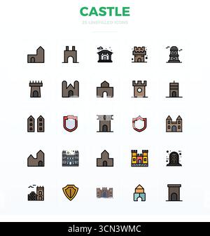 Artfully designed 25 Flat Line Filled PIXEL perfect vector icons for Castle, delivered in 128x128 format for consistent visual excellence. Stock Vector