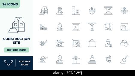 Refined bundle featuring 24 Thin Outline vector icons for Construction Site, optimized with 128x128 PIXEL perfect quality for elegant and functional d Stock Vector