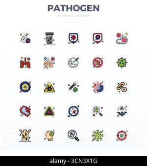 Set of 25 Flat Line Filled PIXEL perfect vector icons themed around Pathogen, crafted in 128x128 resolution for seamless integration in apps and websi Stock Vector