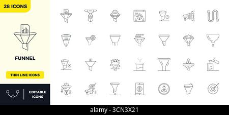 High-performance collection of 28 Thin Outline vector icons for Funnel, engineered with 128x128 PIXEL perfect resolution for optimal user interface de Stock Vector