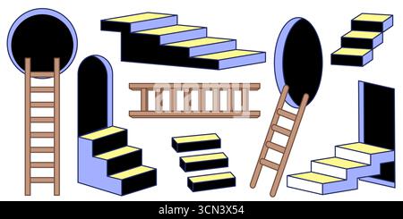 Retro ladder collection with geometric stairs and archway designs for vintage aesthetics. Isometric steps and climbing equipment. Memphis style architectural elements for poster design Stock Vector