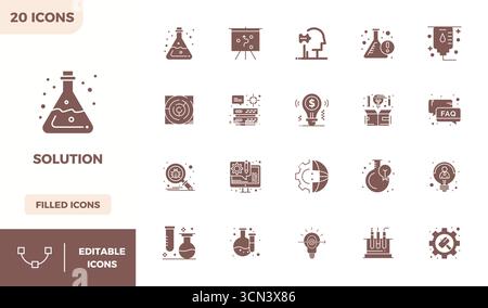 Professionally designed 20 vector icons in Glyph Filled, capturing the essence of Solution with 128x128 PIXEL perfect precision for UI design. Stock Vector