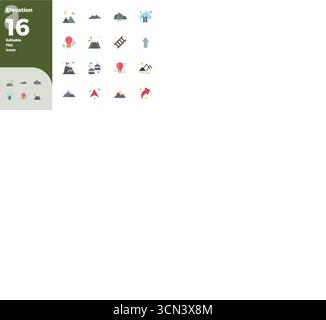 A clean collection of 16 Flat vector icons representing Elevation, designed in 128x128 PIXEL perfect format for modern dashboards and interfaces. Stock Vector