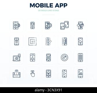 Comprehensive bundle featuring 20 vector icons in Bold Outline design for Mobile App, delivered in crisp 128x128 PIXEL perfect quality. Stock Vector