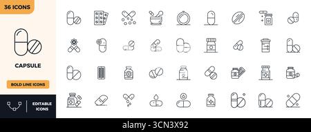 Explore 36 Bold Line PIXEL perfect vector icons in 128x128 resolution inspired by Capsule. Perfect for web and app interfaces. Stock Vector