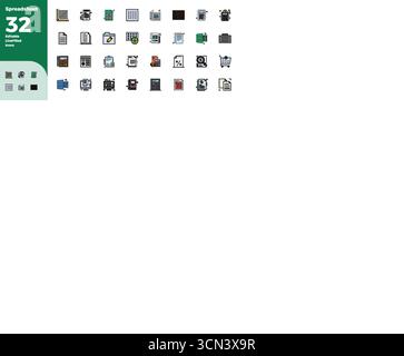 This Spreadsheet vector icon pack includes 32 Line Filled designs in 128x128 PIXEL perfect format, perfect for enhancing digital interfaces. Stock Vector