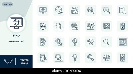 Ultimate collection of 24 vector icons representing Find in Strong Line aesthetic, optimized with 128x128 PIXEL perfect resolution for maximum impact. Stock Vector
