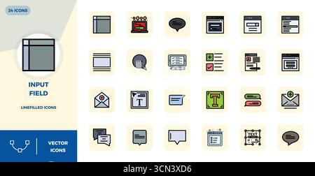 A versatile set of 24 Lineal Filled Flat PIXEL perfect vector icons focused on Input Field, delivered in crisp 128x128 format ideal for mobile and web Stock Vector