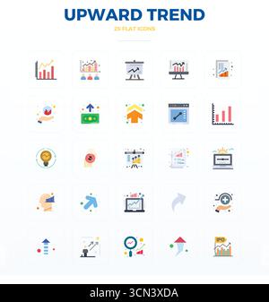 Carefully curated 25 Flat vector icons for Upward Trend, featuring 128x128 PIXEL perfect resolution for consistent brand representation and user exper Stock Vector
