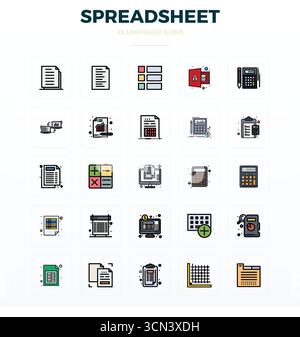 Advanced collection of 25 PIXEL perfect vector icons inspired by Spreadsheet, crafted in Flat Line Filled with 128x128 optimization for superior visua Stock Vector