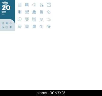 Sophisticated bundle of 20 Slim Line vector icons for Hosting, engineered with 128x128 PIXEL perfect clarity for professional applications. Stock Vector