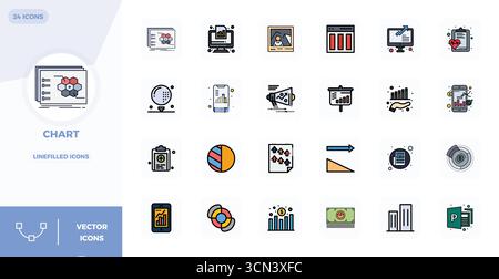 Essential pack of 24 PIXEL perfect vector icons for Chart in Lineal Filled Flat format, sized at 128x128 for optimal performance and scalability. Stock Vector