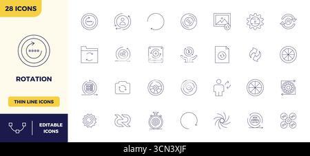 Precision-engineered 28 Thin Outline vector icons for Rotation, designed at 128x128 PIXEL perfect resolution for exceptional clarity and scalability. Stock Vector