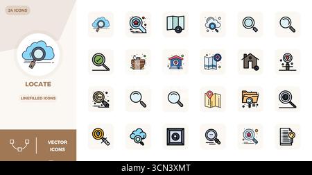 Strategic bundle featuring 24 vector icons representing Locate in Lineal Filled Flat format, optimized with 128x128 PIXEL perfect quality for professi Stock Vector