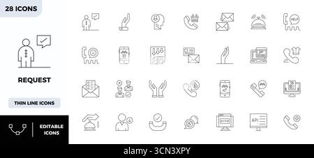 Unlock 28 Thin Outline PIXEL perfect vector icons inspired by Request, optimized in 128x128 format for flawless display across all devices. Stock Vector