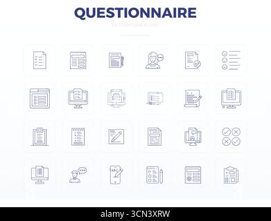 Download 24 scalable Thin Line vector icons designed for Questionnaire, featuring PIXEL perfect 128x128 resolution suitable for professional and creat Stock Vector